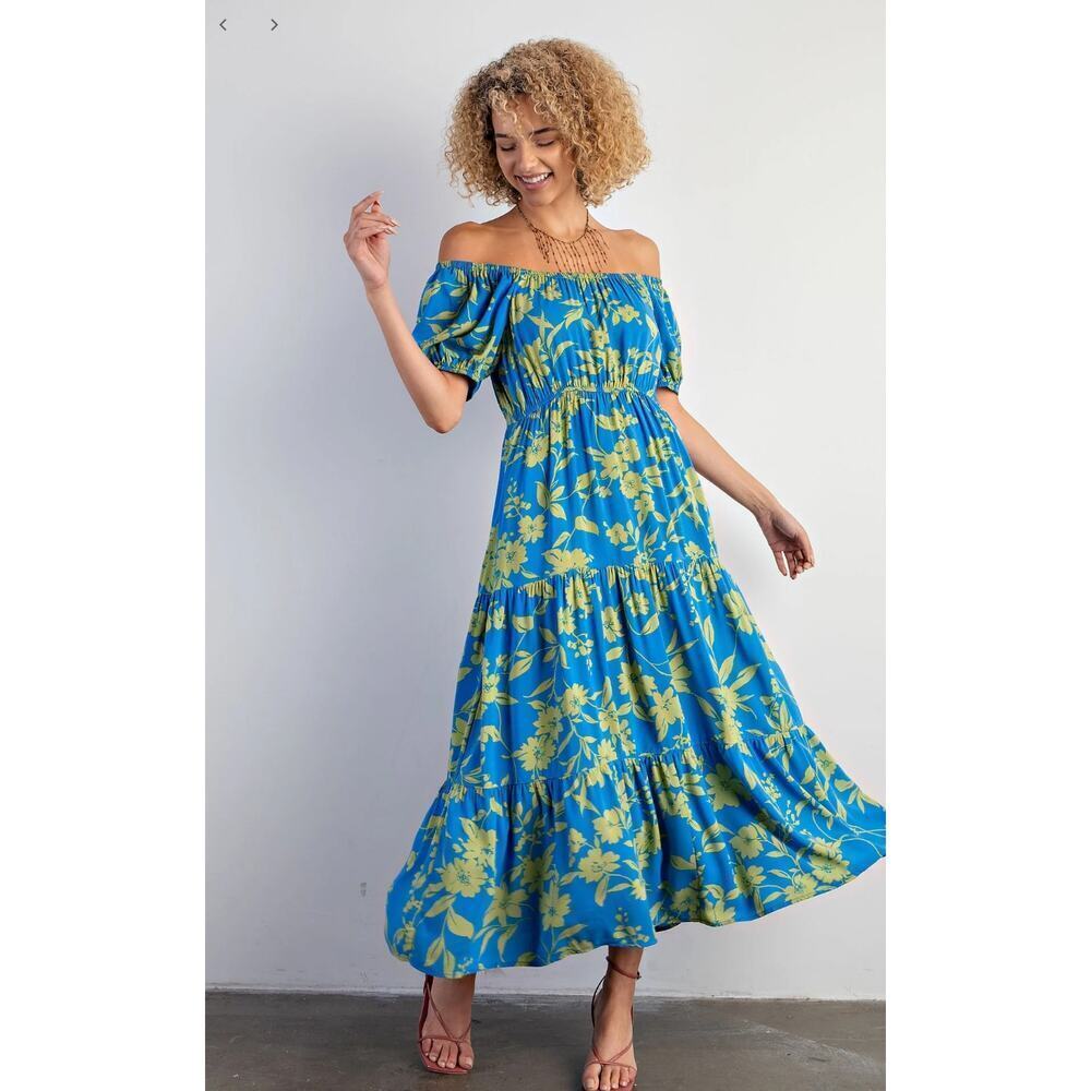 New Easel Floral Print Puff Sleeve Dress Blue Green Tiered Size S